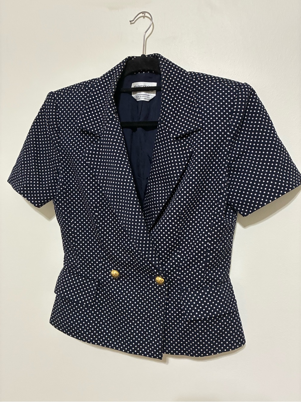 VINTAGE Navy Polka Dot Short Sleeve Blazer with Gold Buttons